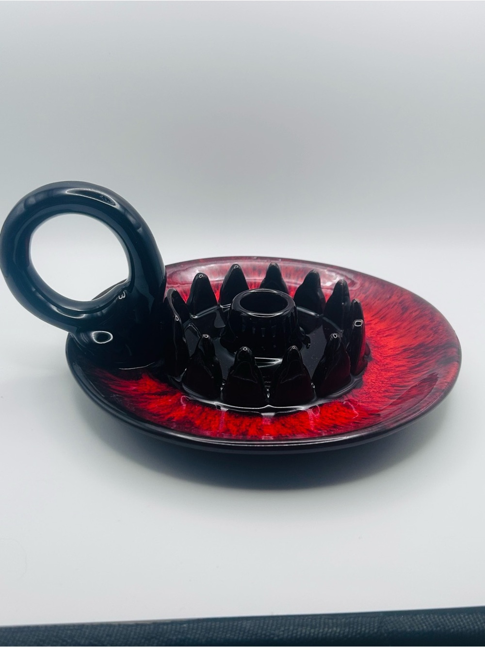 Vintage Canadian Drip Glaze Chamberstick Candle Holder | 1960s Red Black Pottery